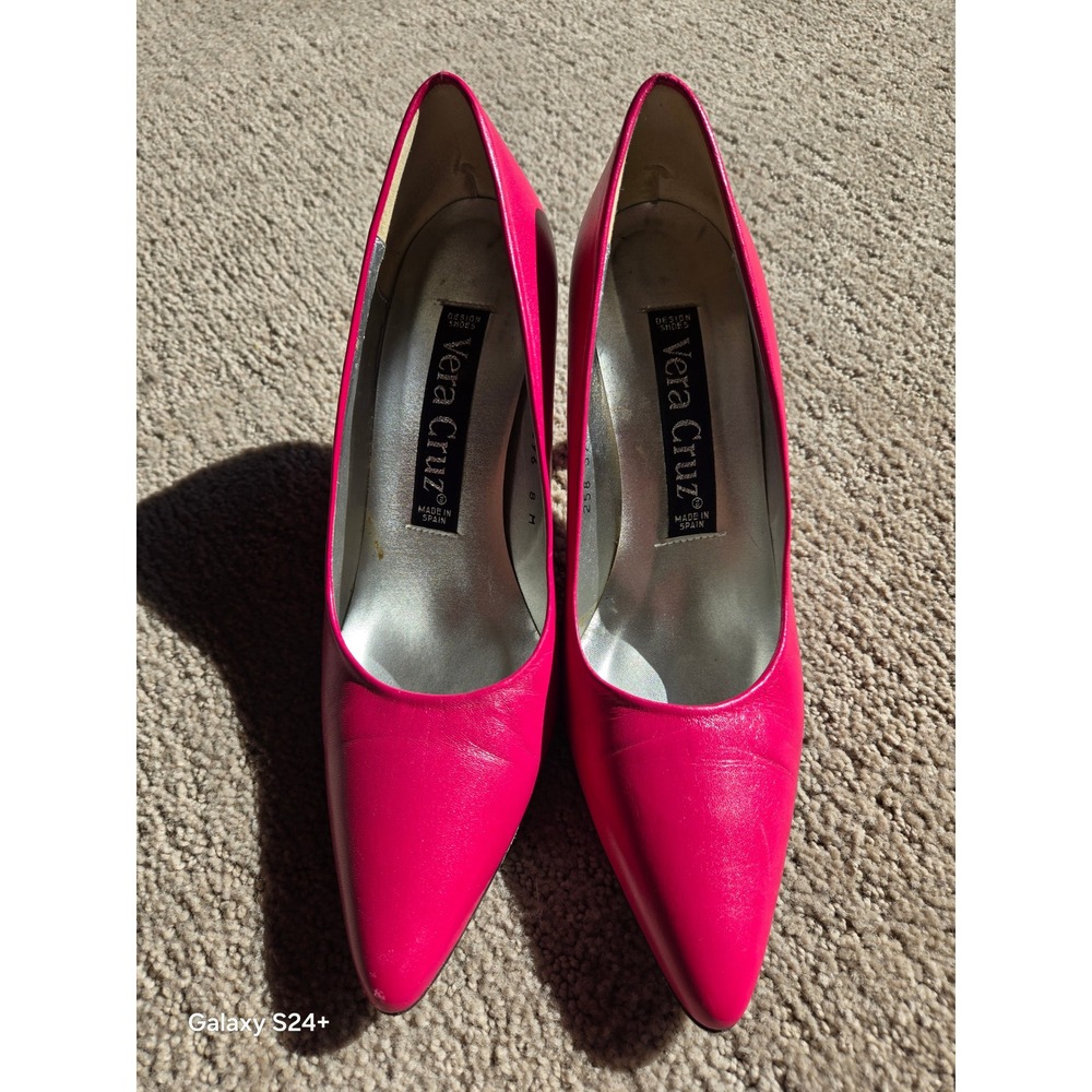 Vera Cruz Hot Pink Leather Pumps Spain Size 8M Pointed Toe Acrylic Heel vintage - Picture 2 of 4